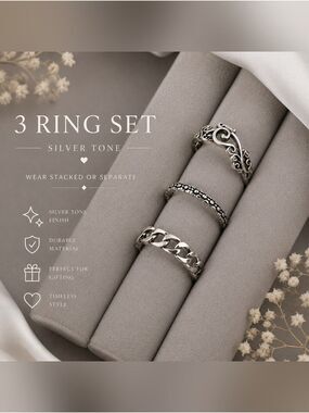 Silver Floral & Chain Stackable Rings - Silver